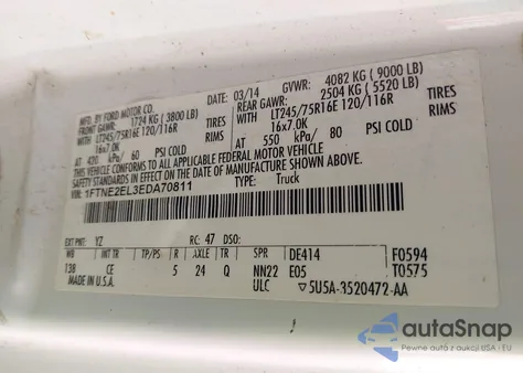 2014 Ford E-250 Commercial z USA, uszkodzony, nr VIN 1FTNE2EL3EDA70811